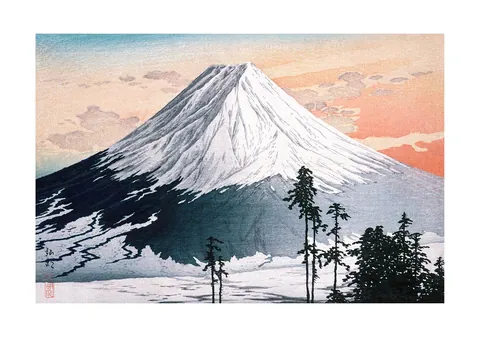 Japanse houtsnede van de besneeuwde berg Fuji bij zonsopkomst met dennenbomen