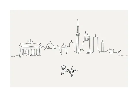 Minimalistische zwarte lijntekening van de skyline van Berlijn op een lichte achtergrond.