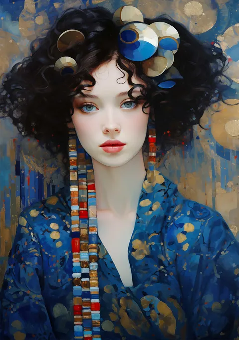 Schilderij van een jonge vrouw in blauwe kleding met gouden cirkels en sieraden
