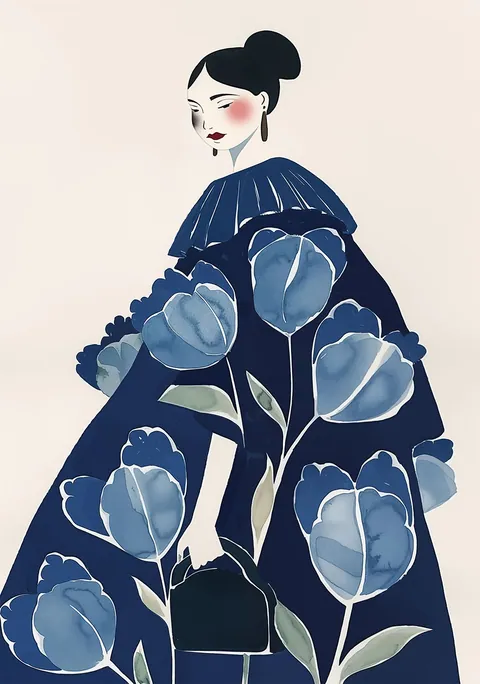 Illustratie van een vrouw in een donkerblauwe jas met grote blauwe tulpen.