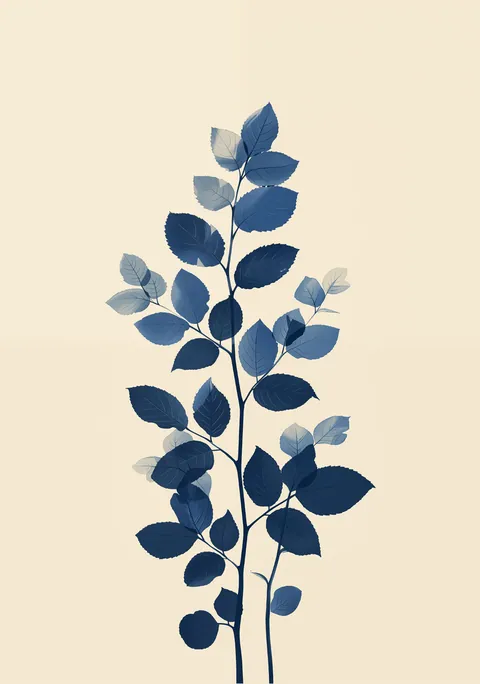 Botanische illustratie van twee takken met indigoblauwe bladeren op een lichte achtergrond.