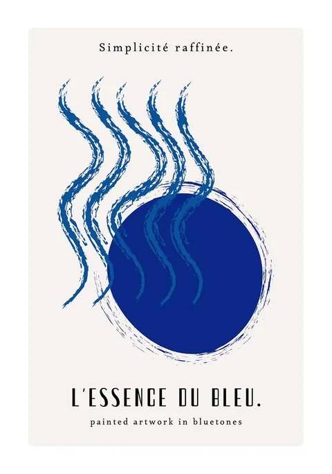 Abstracte poster met een diepblauwe cirkel en golvende penseelstreken met Franse tekst.