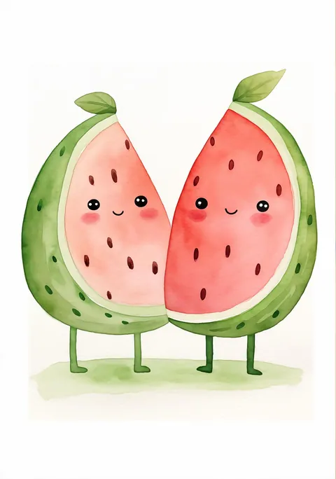 Aquarelillustratie van twee lachende watermeloenpartjes op beentjes tegen een witte achtergrond