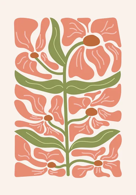 Grafische illustratie van gestileerde roze bloemen en groene bladeren op een lichte achtergrond.