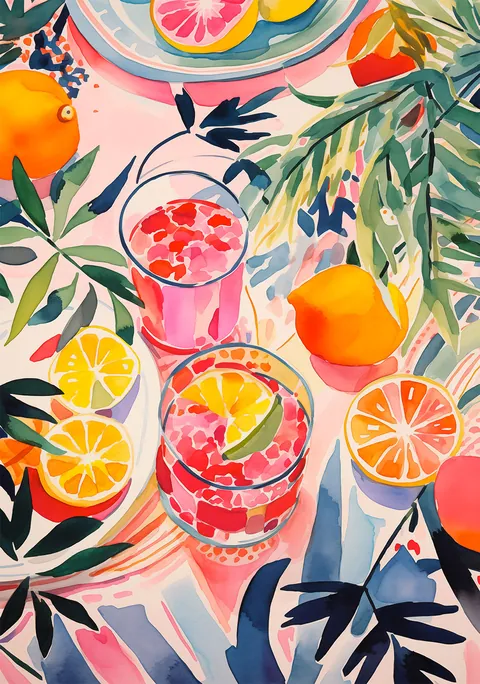 Waterverf illustratie van glazen met roze drankjes, citroenen en grapefruits op tafel
