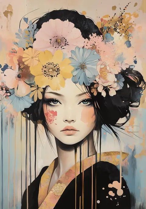 Schilderij van een Japanse vrouw met een kleurrijke bloemenkrans en pastelkleurige verfspatten