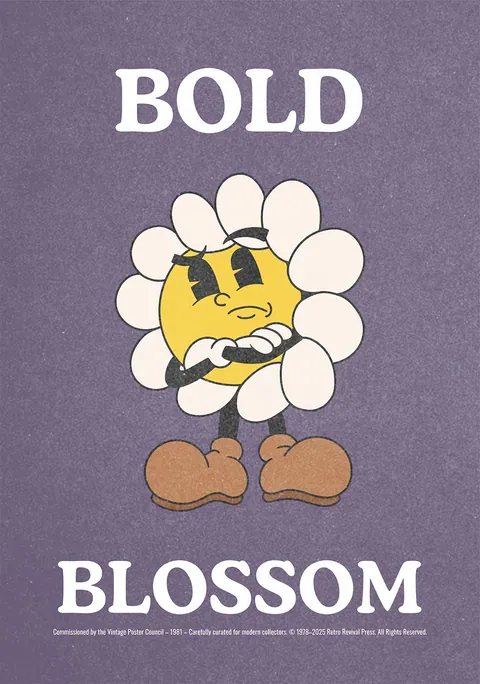 Retro cartoon madeliefje met gekruiste armen en tekst Bold Blossom op paarse achtergrond