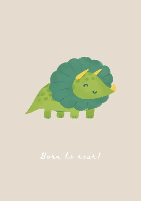 Illustratie van een vriendelijke groene dinosaurus op een zandkleurige achtergrond met tekst
