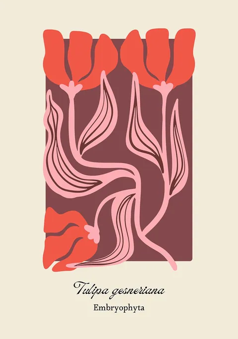 Illustratie van gestileerde rode tulpen met roze bladeren op een bruin vlak