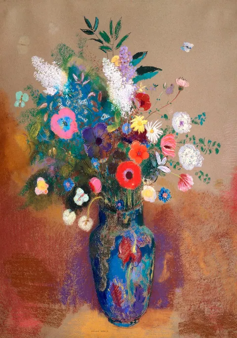 Schilderij van een kleurrijk veldboeket in een blauwe vaas door Odilon Redon.