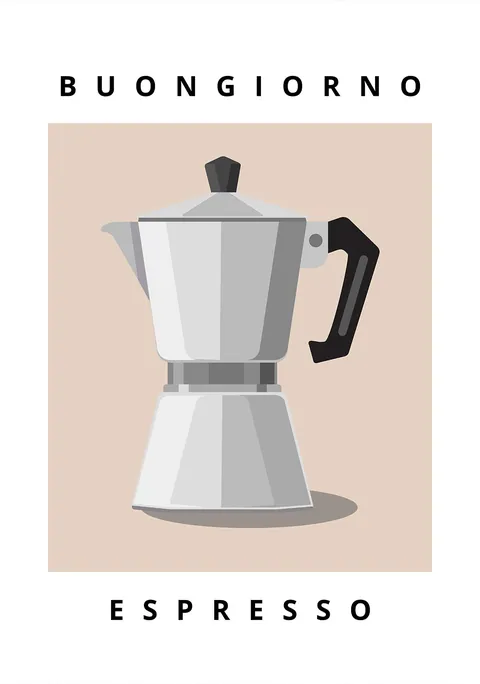 Illustratie van een klassieke moka pot met de tekst Buongiorno Espresso.