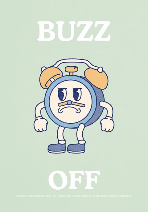 Retro cartoon illustratie van een boze wekker met de tekst Buzz Off.