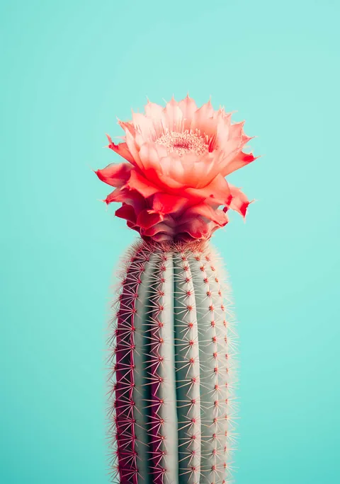 Groene cactus met een grote roze bloem bovenop tegen een turquoise achtergrond