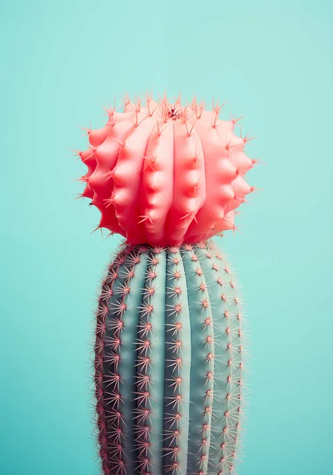Close-up van een cactus met een felroze bol tegen een pastelblauwe achtergrond