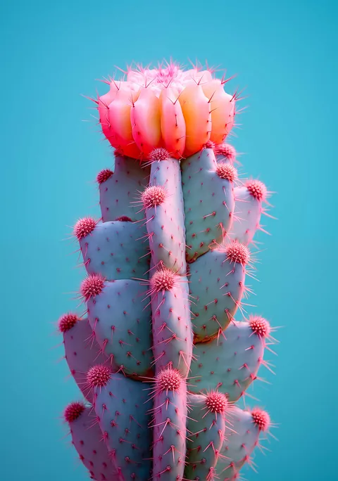 Close-up van een pastelblauwe cactus met felroze stekels en een roze bloem.