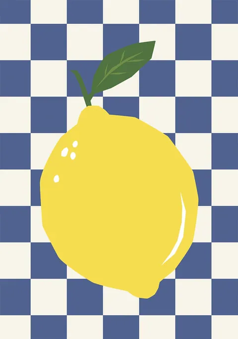 Illustratie van een grote gele citroen op een blauw-wit dambordpatroon.
