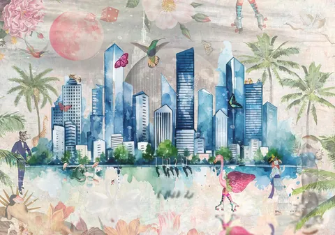 Surrealistische collage van een blauwe stad met palmbomen, flamingo op rolschaatsen en bloemen