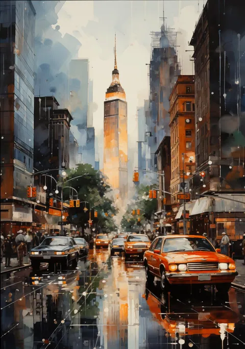 Geschilderde New Yorkse straat met gele taxi's en het Empire State Building