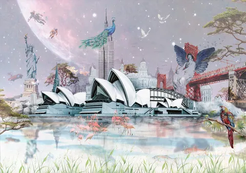 Surrealistische collage met het Sydney Opera House, Vrijheidsbeeld, astronauten en flamingo's