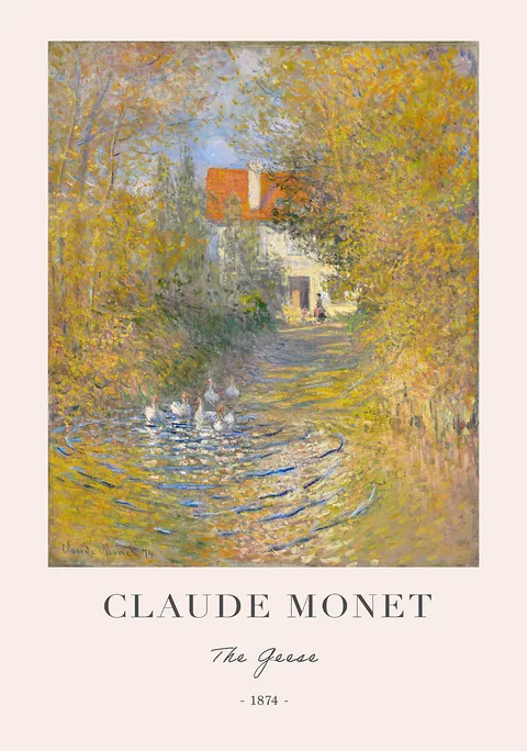 Impressionistisch schilderij van Claude Monet met ganzen op het water en een landhuis.