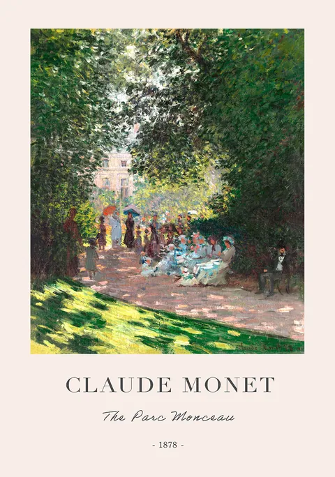 Impressionistisch schilderij van Claude Monet met mensen in een zonnig groen park.