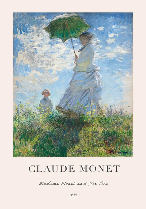 Schilderij van Claude Monet met een vrouw met parasol en kind op een heuvel.