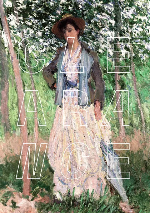 Impressionistisch schilderij van een vrouw in het bos met grote witte letters clearance