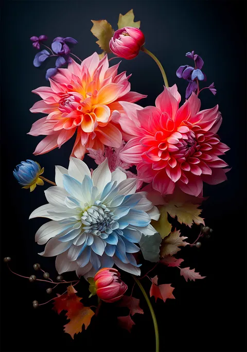 Close-up van roze en blauw-witte dahlia's tegen een donkere achtergrond