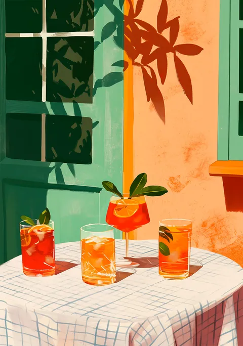 Illustratie van cocktails met ijs en citroen op een zonnig tuinterras.