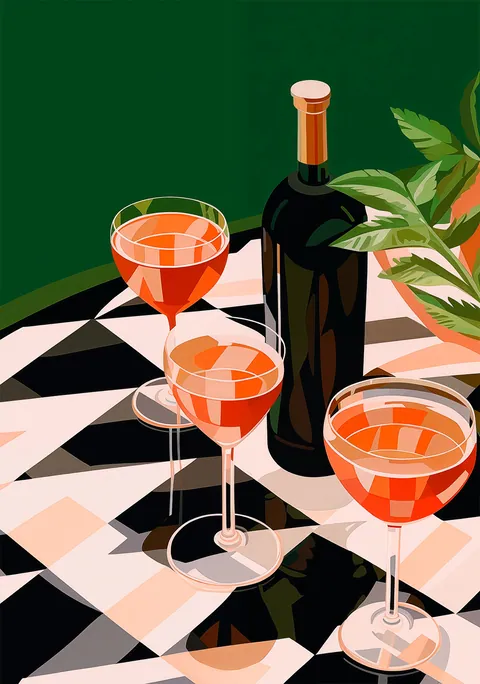 Grafische illustratie van drie cocktailglazen en een donkere fles op een geometrische tafel