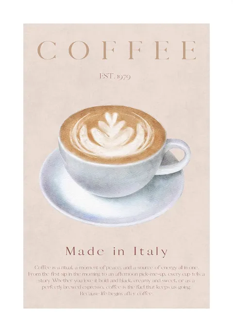 Illustratie van een kop cappuccino met latte art op een beige achtergrond met typografie