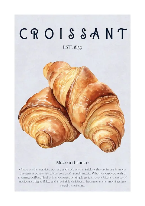 Aquarel van twee goudbruine croissants met tekst op een zachtblauwe achtergrond