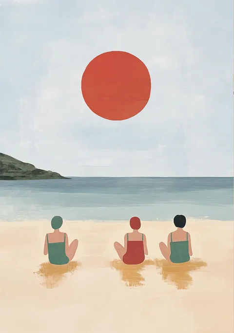 Illustratie van drie zwemmers op het strand onder een grote rode zon