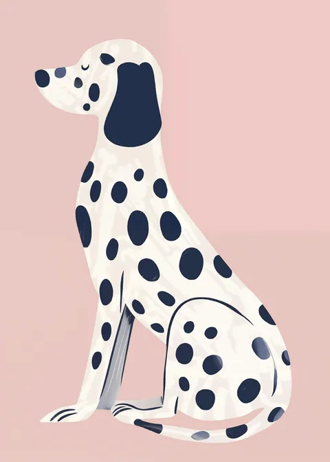 Illustratie van een zittende dalmatiër met zwarte stippen op een zachtroze achtergrond