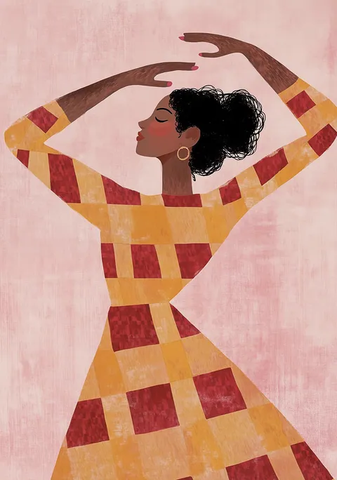 Illustratie van een dansende vrouw in een geelrode ruitjesjurk tegen een roze achtergrond.
