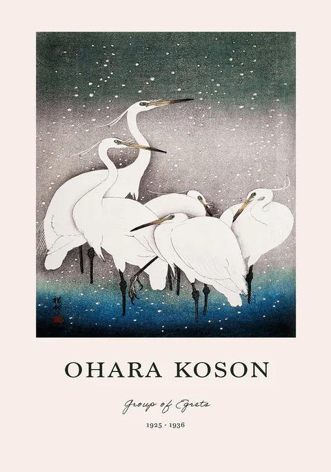 Japanse prent van Ohara Koson met witte zilverreigers in vallende sneeuw