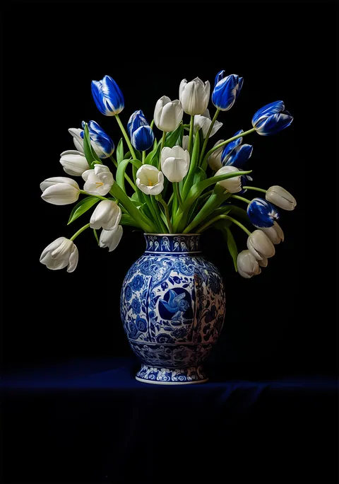 Delfts blauwe vaas met witte en blauwe tulpen tegen een zwarte achtergrond