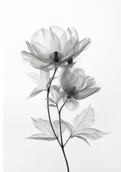 Zwart-wit röntgenafbeelding van twee delicate wilde bloemen op een witte achtergrond