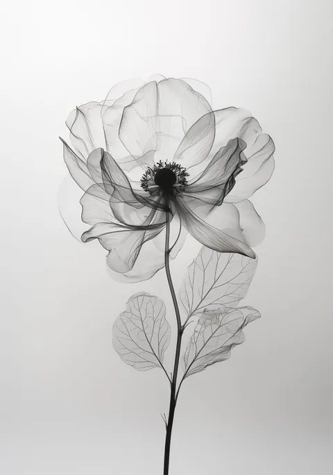 Zwart-wit röntgenfoto van een transparante wilde bloem met zichtbare nerven en bloembladen
