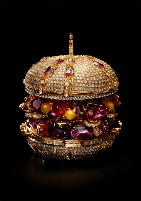Hamburger gemaakt van goud, diamanten en kleurrijke edelstenen op een zwarte achtergrond