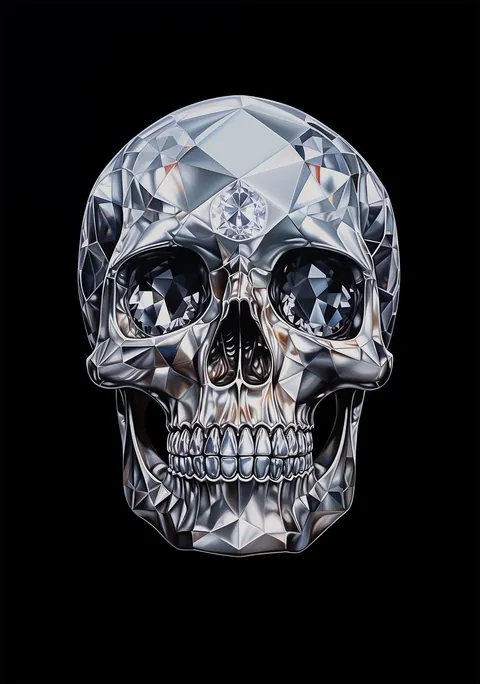 Gedetailleerde schedel gevormd uit geslepen facetten van diamant tegen een zwarte achtergrond.