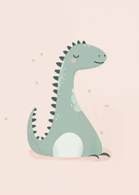 Illustratie van een vriendelijke mintgroene dinosaurus op een zachtroze achtergrond.
