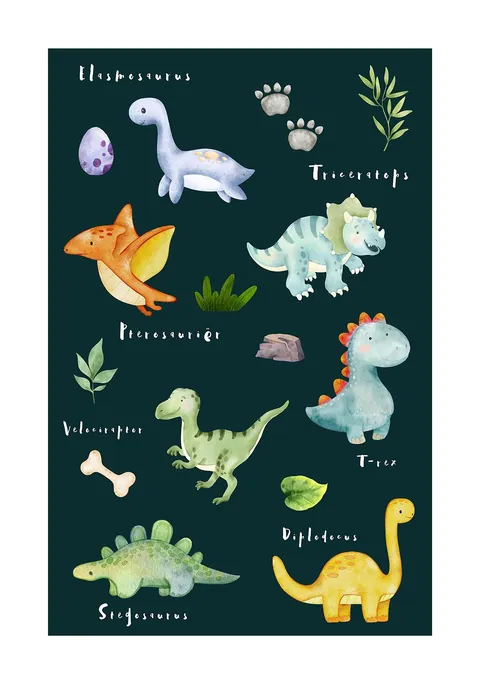Illustratie van diverse vriendelijke dinosauriërs met hun namen op een donkergroene achtergrond