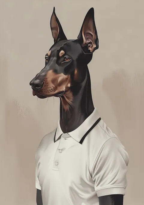 Geïllustreerd portret van een doberman in een witte polo tegen een beige achtergrond.