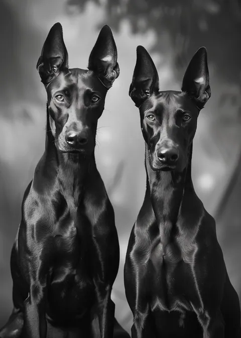 Zwart-wit portret van twee zwarte dobermanns met spitse oren naast elkaar.