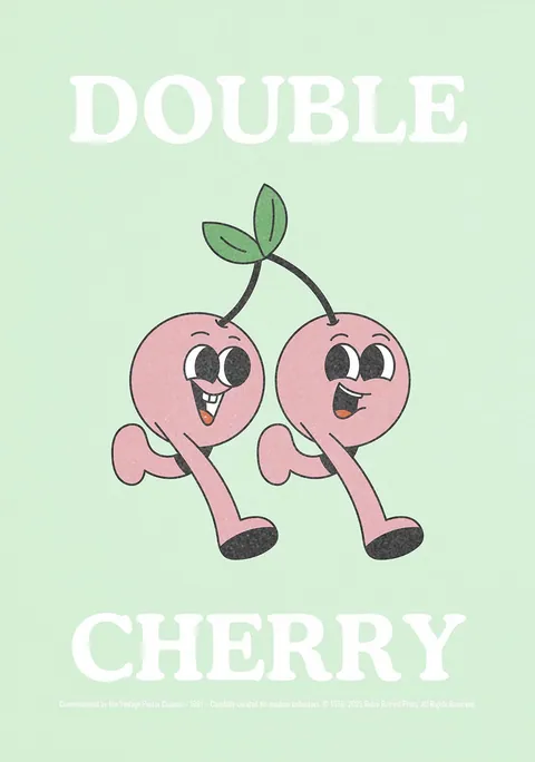 Retro illustratie van twee lopende roze kersen op een mintgroene achtergrond met tekst.