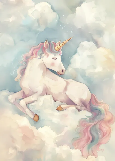Aquarel illustratie van een slapende witte eenhoorn op zachte wolken in pasteltinten