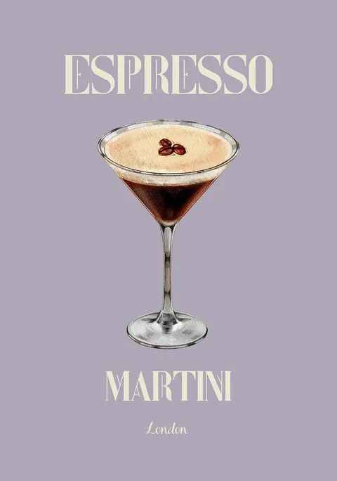 Illustratie van een espresso martini cocktail in glas op een lila achtergrond