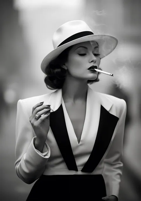 Zwart-wit foto van een vrouw met hoed en rokende sigaret in film noir-stijl