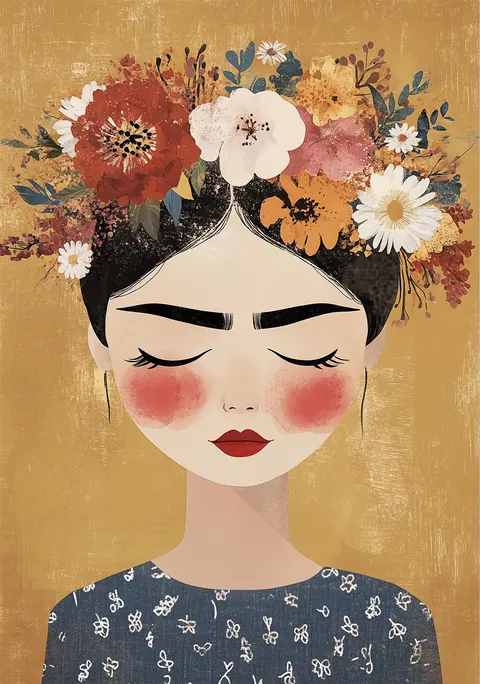 Illustratie van een vrouw met gesloten ogen en een kleurrijke bloemenkrans in haar haar.